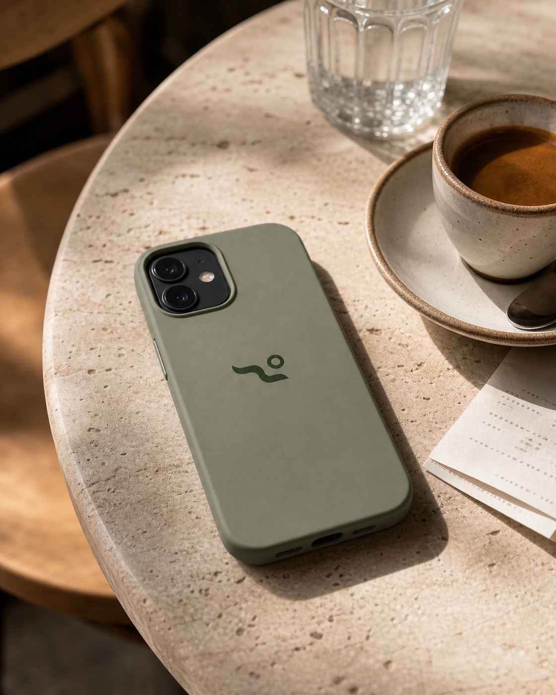 Cafe case merch photographed in a curated real-life setting