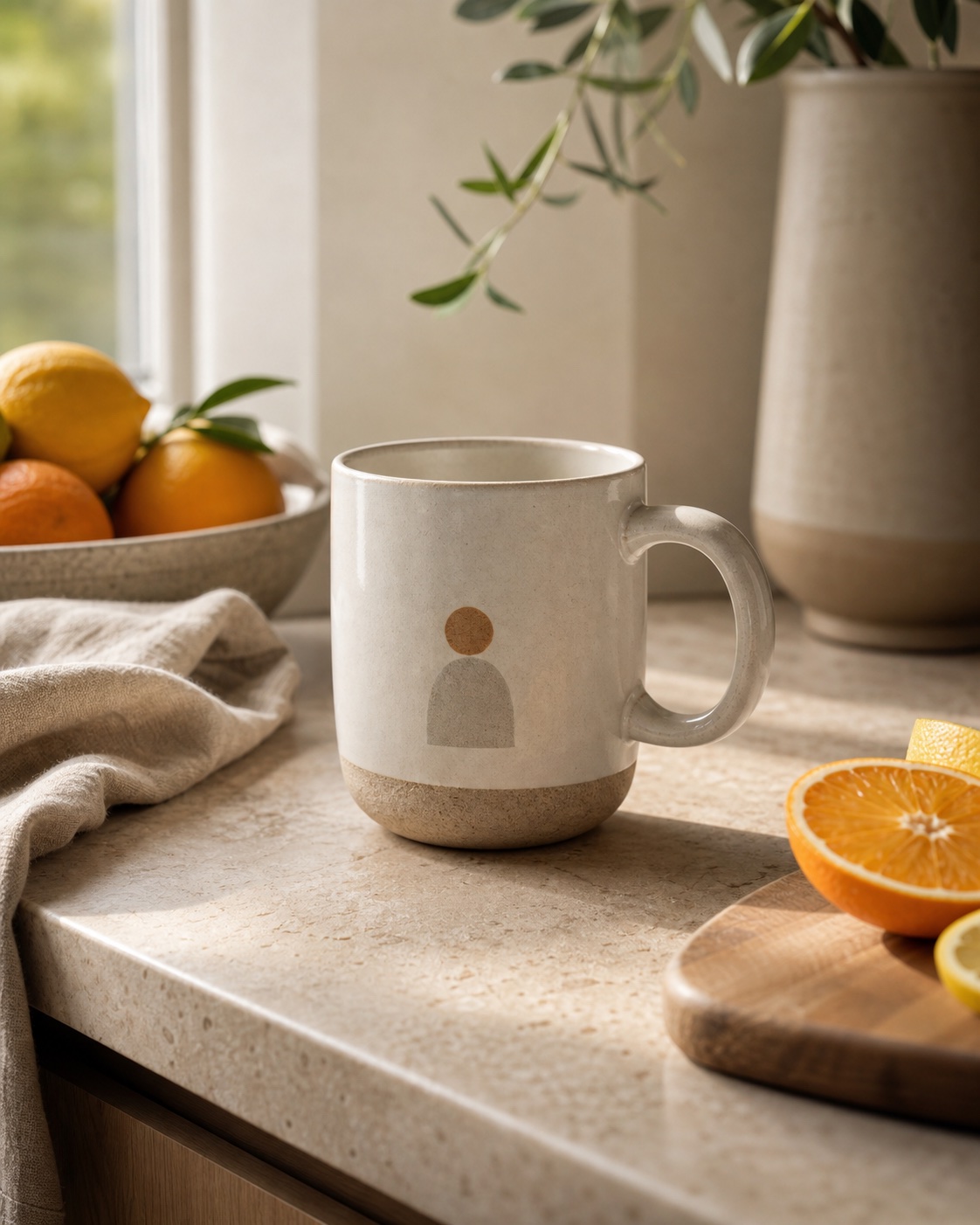 Countertop mug merch photographed in a curated real-life setting