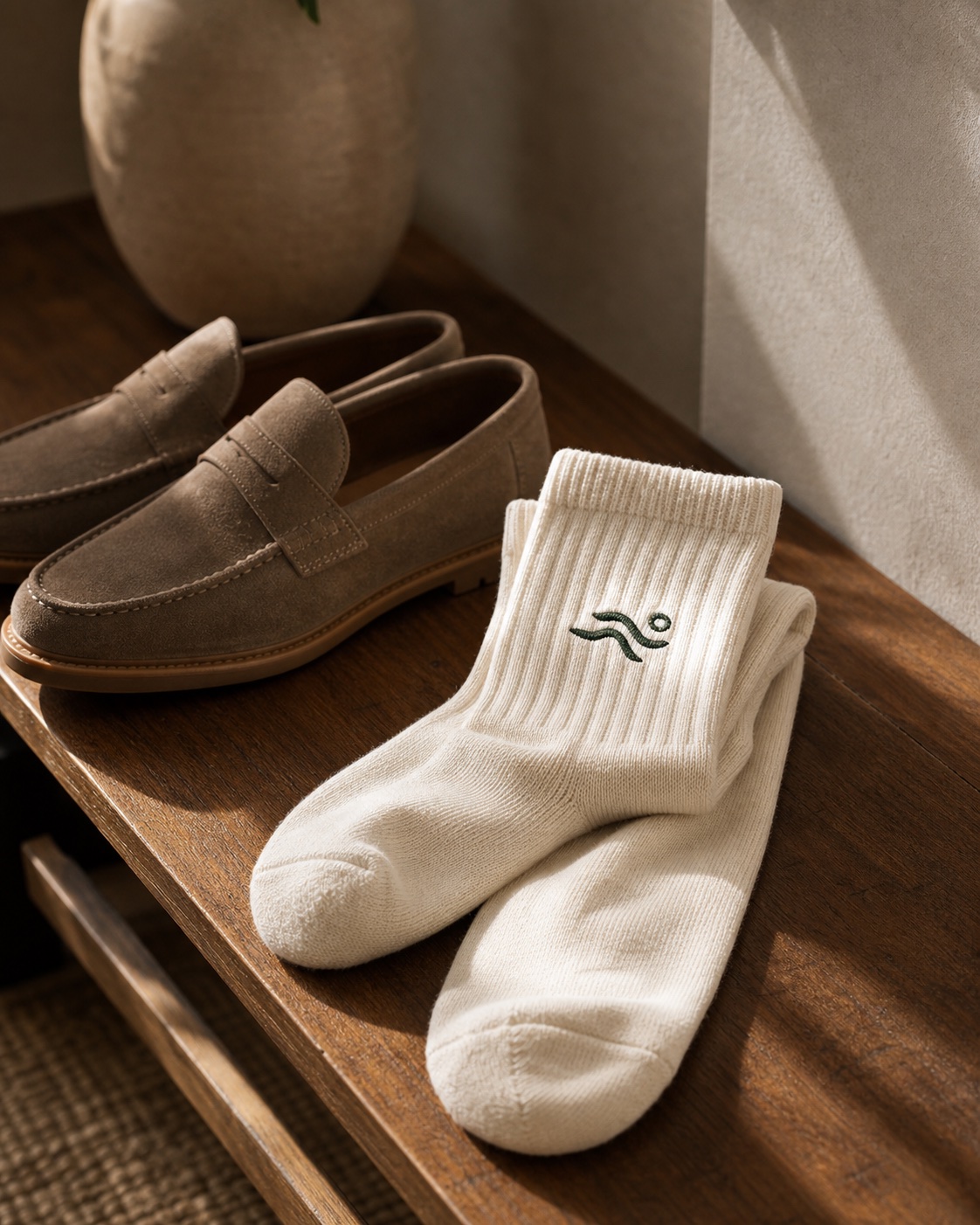 Entry socks merch photographed in a curated real-life setting